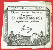 France - Assignat De 50 Sols - 23 Mai 1793 - Série 3420 - Saussay - Signature Manuscrite Au Dos Delfraissy De Prades - Assignats