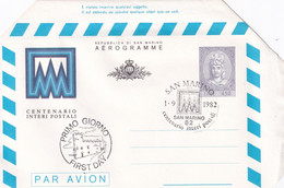 SAN MARINO - AEROGRAMMA 1982 - CENTENARIO DELLA CARTOLINA POSTALE - ANNULLO SPECIALE FDC - Entiers Postaux