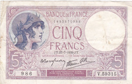 France - Billet De 5 Francs Type Violet - 27 Juillet 1939 - 5 F 1917-1940 ''Violet''