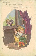 CASTELLI SIGNED 1920s POSTCARD - PROVERBI - KIDS - OCCHIO NON VEDE CUORE NON DUOLE - ROMANIA STAMPS - 593/1 (3832) - Castelli