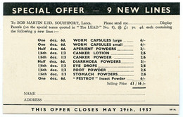 SOUTHPORT : BOB MARTIN, UNION STREET - SPECIAL OFFER, 1937 (ADVERTISING - BUSINESS REPLY CARD) - Southport