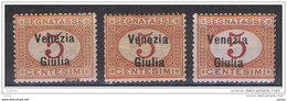 VENEZIA  GIULIA :  1918  TASSE  SOPRAST. -  5 C. ARANCIO  E  CARMINIO  L. -  RIPETUTO  3  VOLTE  -  SASS. 1 - Vénétie Julienne