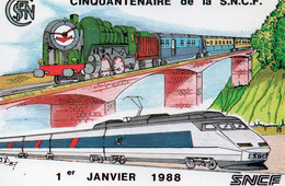 Cinquantenaire De La SNCF 1er Janvier 1988 - Machine Vapeur Et TGV - Illustration De D Droniou - Sizi