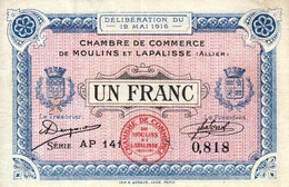 BON - BILLET - MONNAIE - 1 FRANC CHAMBRE DE COMMERCE DE MOULINS & LAPALISSE (03 - ALLIER) EMISSION 12/05/1916 N° 0818 - Chamber Of Commerce