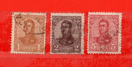 (Us.7) Argentina ° 1908-1909 - Effigie De San MARTIN.  C. 1-2-5 Yv. 133-134-137. Oblitérer. - Used Stamps