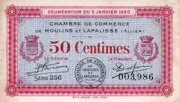 BON - BILLET - MONNAIE - 50 CENTIMES CHAMBRE DE COMMERCE DE MOULINS & LAPALISSE (03 - ALLIER) ÉMIS. 09/01/1920 N° 003986 - Chambre De Commerce