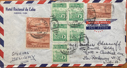 CUBA 1950, USED COVER TO USA ,PRIVATE PRINTED HOTEL NACIONAL ,SPECIAL DELIVERY ,TOTAL 8 STAMPS,1948, TOBACCO GATHERING W - Cartas & Documentos