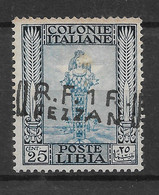 1943 FRANCOBOLLO DI LIBIA DEL 1929 SOPRASTAMPATOA MANO " R.F.1 Fr. - FEZZAN SU DUE RIGHE - FIRMA LUIGI RAYBAUDI MASSILIA - Nuevos
