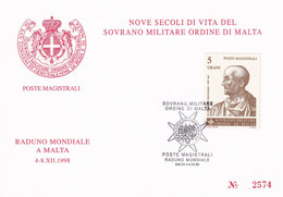 S.M.O.M. -  POSTE MAGISTRALI - CARTONCINO COMMEMORATIVO 1998 - RADUNO MONDIALE A MALTA - ANNULLO SPECIALE - Sovrano Militare Ordine Di Malta