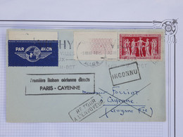 BH8 FRANCE BELLE LETTRE   1949 1ER VOL PARIS CAYENNE GUYANNE +VICHY+INCONNU ++TAB VIGNETTE +AFFRANCH. PLAISANT - First Flight Covers