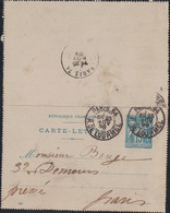 PARIS - 64 - R.DE LOURMEL - 25 NOVEMBRE 1898 - SAGE - ENTIER POSTAL 15c -  VERSO CACHET PARIS 74 R.BAYEN. - 1877-1920: Periodo Semi Moderno