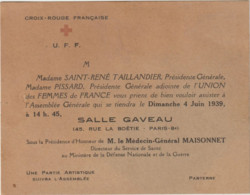 CROIX ROUGE FRANÇAISE - U.F.F. - Invitation à L'A.G. Du 4 Juin 1939 - SALLE GAVEAU, PARIS 8è - Croix-Rouge