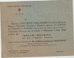 CROIX ROUGE FRANÇAISE - U.F.F. - Invitation à L'A.G. Du 4 Juin 1939 - SALLE GAVEAU, PARIS 8è - Croix-Rouge