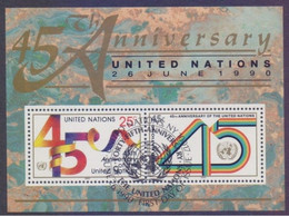 UNITED NATIONS (New York) 1990 - 45th Anniversary Of United Nations, Miniature Sheet With First Day Cancelled - Gebraucht