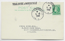 FRANCE MAZELIN 2FR SEUL CARTE AMBULANT + GRIFFE TOULOUSE A MARSEILLE 5.3.1948 POUR ENGLAND - 1945-47 Ceres (Mazelin)