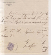 Año 1909  Edifil 270  Alfonso XIII Carta+sobrede La Garrovilla  Matasellos Merida Badajoz Bartolome Perez (Hijo) - Cartas & Documentos