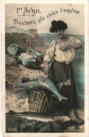 CPA Carte Postale  France  1er Avril Deninez Qui Vous L'envoie Une Jene Femme Et Son Panier Rempli De Poissons VM58301 - 1er Avril - Poisson D'avril