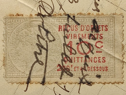Timbre De "QUITTANCES - RECUS D'OBJETS VIREMENTS" De 1915 - Valeur: 10c - Sur Document De 1919 - Sellos