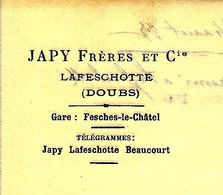 1907 RARE ENTETE JAPY FRERES USINE DE LAFESCHOTTE (Doubs) Pour Vairet Baudot Ciry Le Noble BRIQUETERIE DEVENUE MUSEE - 1900 – 1949