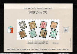 ESPAÑA, HOJA RECUERDO EXPOSICIÓN MUNDIAL DE FILATELIA ESPAÑA 75 - FESOFI. - Feuillets Souvenir