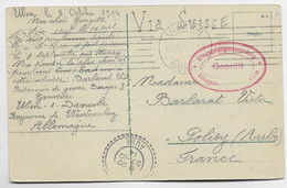 GERMANY KARTE ULM 1914 TO POLISY AUBE  FRANCE VIA SUISSE + GEPRUT KRIEGS - Poststempel