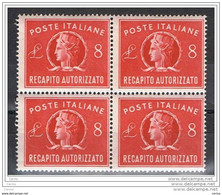 REPUBBLICA:  1947  RECAPITO  AUTORIZZATO  R. -  £. 8  ROSSO  BL. 4  N. -  SASS. 9 - Eilpost/Rohrpost