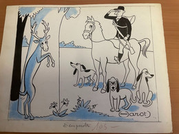 Jean CHAPERON : Rare Grand Dessin Original Signé De Son Pseudo (-Arot) Encre Crayons De Couleur / THEME CHASSE A COURRE - Chaperon, Jean