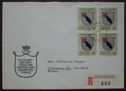 Liechtenstein Einschreiben FDC 1964 - Wappen (4er Block Freiherren Von Brandis) Nach Frankreich (Cleebourg) - Cartas & Documentos