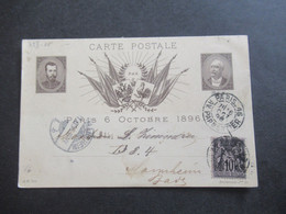 Frankreich 1896 Sonder PK Paris 6 Octobre 1896 PAX Carte Postale Mit Sage Zusatzfrankatur Nach Mannheim Gesendet - 1877-1920: Semi Modern Period