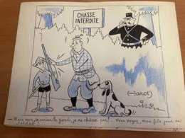 Jean CHAPERON : Rare Grand Dessin Original Signé De Son Pseudo (-Arot) Encre Crayons De Couleur / THEME CHASSE - Chaperon, Jean