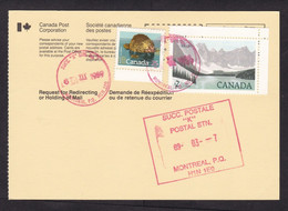 Canada: Official Postcard, 1989, 2 Stamps, Request Redirecting Or Holding Mail, Box Cancel, Uncommon (traces Of Use) - Brieven En Documenten