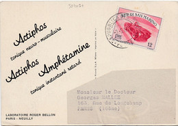 30409# SAINT MARIN CARTE SIENA PUBLICITAIRE ACTIPHOS AMPHETAMINE LABORATOIRE ROGER BELLON PHARMACIE 1953 SAN MARINO - Cartas & Documentos
