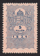 1934 Hungary Ungarn Hongrie - Revenue Tax Fiscal Stamp / COAT Of ARMS / Angel - 5 F - MNH - Steuermarken