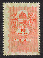1934 Hungary Ungarn Hongrie - Revenue Tax Fiscal Stamp / COAT Of ARMS / Angel - 10 F - MNH - Fiscali