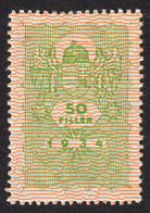 1934 Hungary Ungarn Hongrie - Revenue Tax Fiscal Stamp / COAT Of ARMS / Angel - 50 F - MNH - Fiscale Zegels