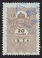 1934 Hungary Ungarn Hongrie - Revenue Tax Fiscal Stamp / COAT Of ARMS / Angel - 20 F - Used - Postmark 1936 - Fiscali