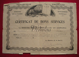 1924 Certificat Bons Services Au Gendarme Vidalou Catalan Ministre De La Guerre Arrêt Malfaiteur Armé Pret A Faire Feu - Police & Gendarmerie