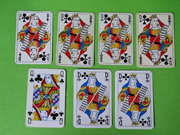 Lot 7 Cartes à Jouer - DAME De TRÈFLE - Dos Bleu,Rouge - Pub L'UNION Reims, ABOISIF, GPA, M&M, ROCHEX - Vers 1990/2000 - 32 Cards