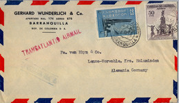 1956 COLOMBIA , SOBRE CIRCULADO , CORREO AÉREO , BARRANQUILLA - HOLZMINDEN , TRANSATLANTIC AIR MAIL , TAQUILLA Nº 4 - Kolumbien