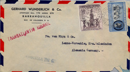 1956 COLOMBIA , SOBRE CIRCULADO , CORREO AÉREO , BARRANQUILLA - HOLZMINDEN , TRANSATLANTIC AIR MAIL , TAQUILLA Nº 4 - Kolumbien