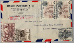 1956 COLOMBIA , SOBRE CERTIFICADO , CORREO AÉREO , BARRANQUILLA - HOLZMINDEN , TRANSATLANTIC AIR MAIL , TAQUILLA Nº 4 - Kolumbien