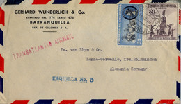 1956 COLOMBIA , SOBRE CIRCULADO , CORREO AÉREO , BARRANQUILLA - HOLZMINDEN , TRANSATLANTIC AIR MAIL , TAQUILLA Nº 5 - Kolumbien