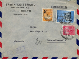 1953  COLOMBIA , SOBRE CIRCULADO  , CALI - LENNE , "  3 PAR AVION / CORREO AÉREO / TRANSOCEÁNICO " - Colombie