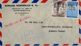 1954  COLOMBIA , SOBRE CIRCULADO  , BARRANQUILLA - LENNE , "  3 PAR AVION / CORREO AÉREO / TRANSOCEÁNICO " - Colombia