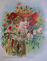 XIX ° , CHROMO  , PETITE FILLE Parmi Les CHRYSANTHEMES , Victorian Card , GIRL & FLOWERS  CHRYSANTHEMUM I LOVE - Enfants