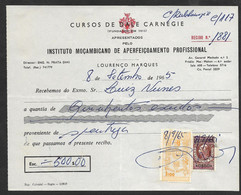 Mozambique Moçambique Portugal Reçu 1965 Cours Dale Carnegie Timbre Fiscal + Defesa Nacional Receipt W/ Revenue Stamp - Lettres & Documents