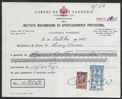 Mozambique Moçambique Portugal Reçu 1965 Cours Dale Carnegie Timbre Fiscal + Defesa Nacional Receipt W/ Revenue Stamp - Lettres & Documents