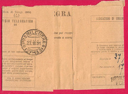 STORIA POSTALE REGNO - ANNULLO FRAZIONANARIO "PREMILCUORE*27.8.31*(27-133)" SU TELEGRAMMA DA CASTELBENITO - Propagande De Guerre