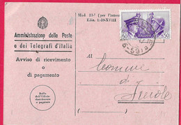 FRATELLANZA CENT. 50 ISOLATO SU AVVISO RICEVIMENTO(MOD.23.I-EDIZ. 1939) - ANNULLO FRAZIONARIO"FIESOLE*26.6.41*(25-59) - War Propaganda