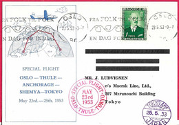 SPECIAL FLIGHT AROUND THE WORLD- OSLO/ THULE/TOKYO * 23.5.53* SU CARTOLINA UFFICIALE - Lettres & Documents